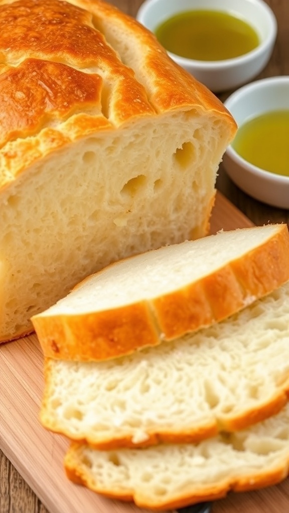 Gluten-Free Potato Starch Bread Recipe A golden brown loaf of gluten-free potato starch bread sliced on a wooden board.